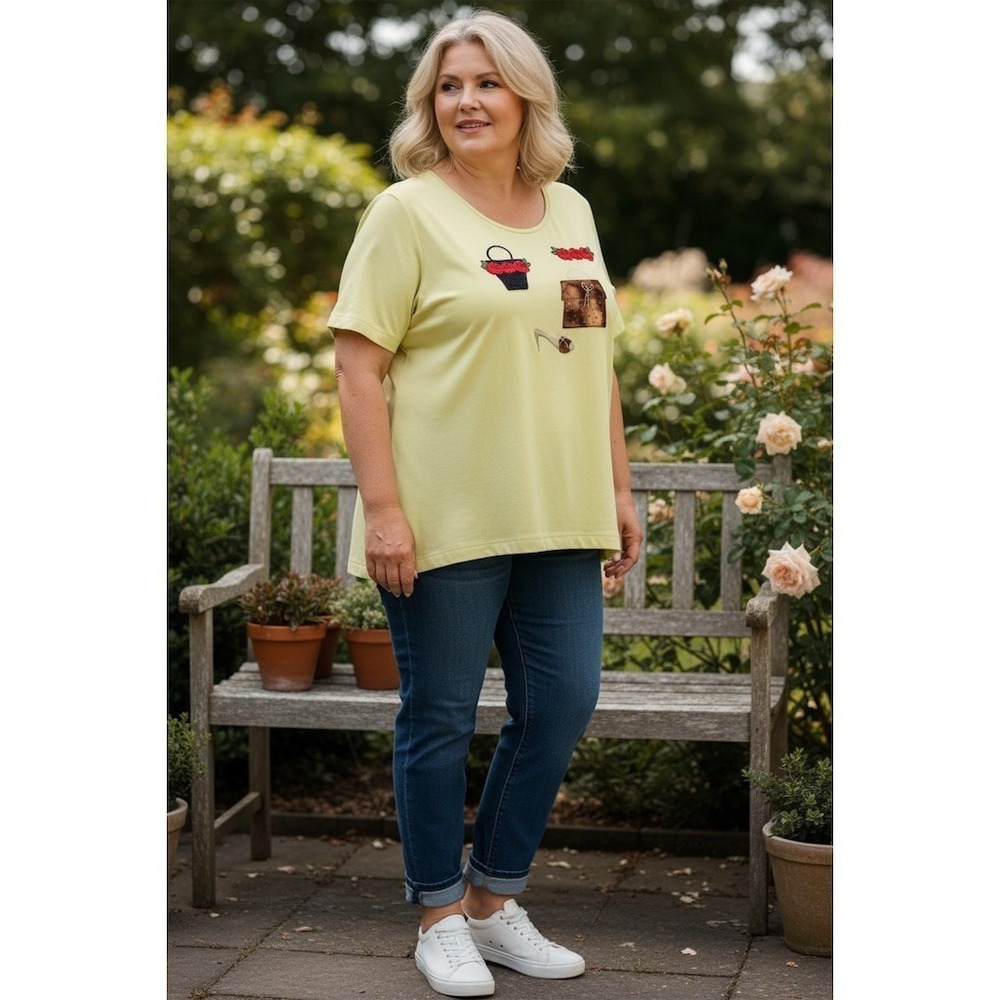 Liz & Me T-Shirt Women XL Light Yellow Embroidered Roses Purse Shoes Tee fashion
